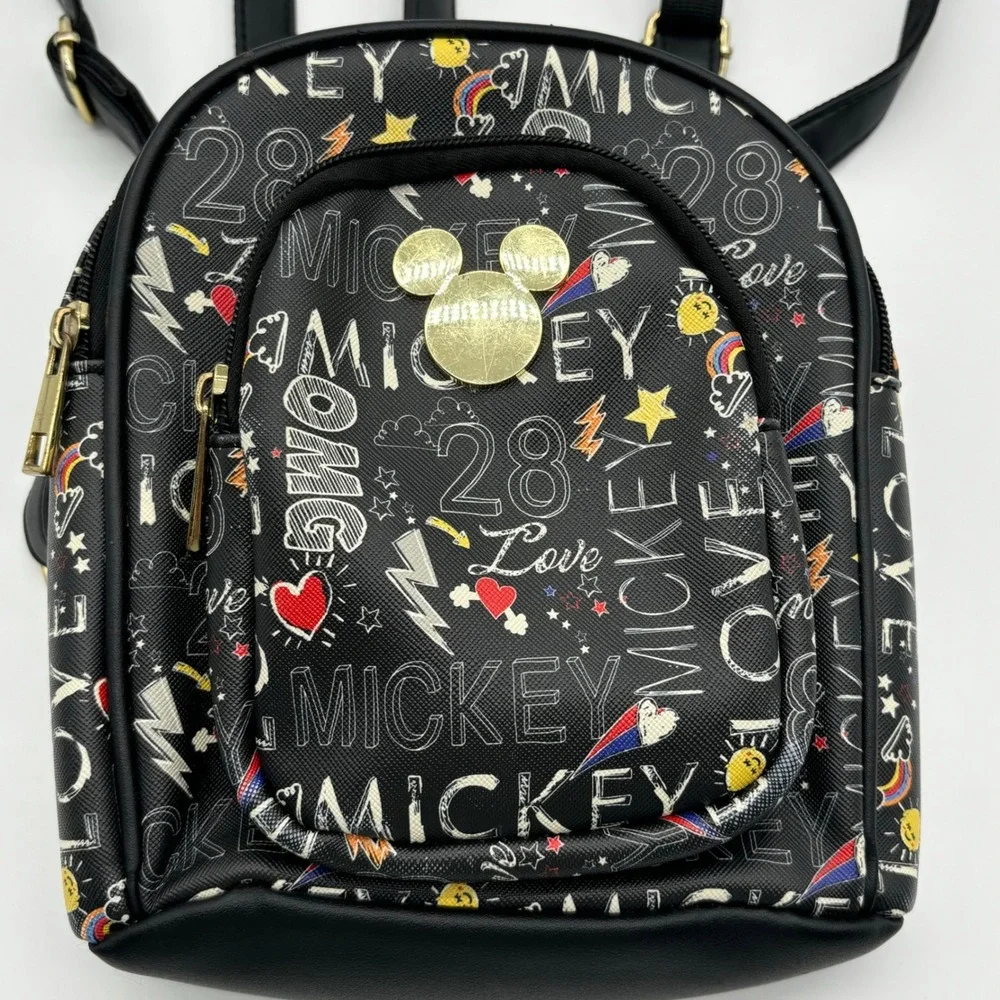 Disney Mickey Mouse Mini Backpack Black Gold‎ Lettering Pattern Print Cute
